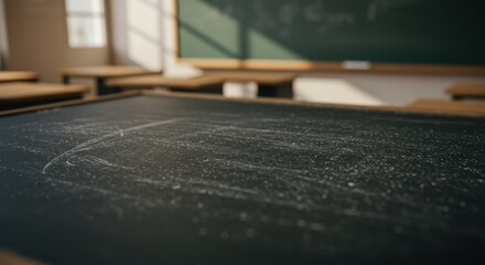 Chalkboard desk in sunlight a classrooms quiet moment dust motes dance in the light