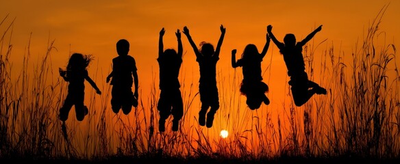 The joyous silhouette of children jumping against a vibrant sunset backdrop.