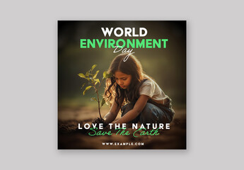 World Environment Day Editable Social Media Post with Girl Planting for Eco Awareness Campaign, Love the Nature and Save The Earth.