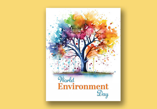 World Environment Day Editable Social Media Post with Colorful Watercolor Tree Illustration for Eco Awareness and Sustainability.
