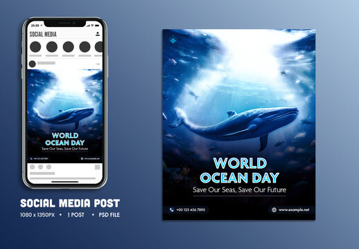 World Ocean Day Editable Social Media Post for Protecting Oceans and Marine Life.