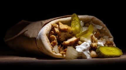 Close-up of grilled chicken shawarma wrap with pickles and creamy sauce on dark rustic background ideal for street food branding, fast food menus and culinary advertisements