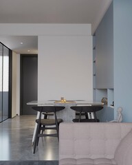 dining room of apartment with modern table set and empty poster framed on the wall. 3d illustration