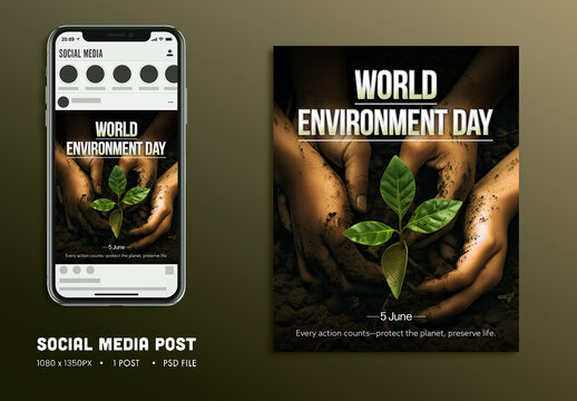 World Environment Day Editable Social Media Post with Human Planting for Every Action Counts, Protect the Planet and Preserve Life on June 5th.
