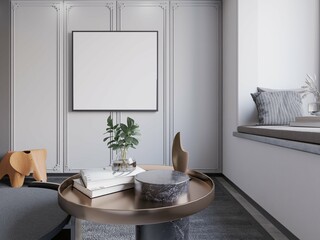 living room of apartment with  closeup of poster frame mockup. 3d illustration