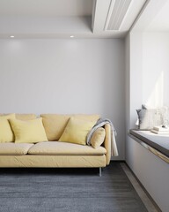 corner living room of apartment with yellow sofa and empty space on the wall. 3d illustration