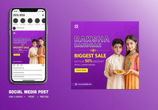 Raksha Bandhan Social Media Biggest Sale Advertising Post with Happy Sibling Holding a Worship Plate, Editable Design.