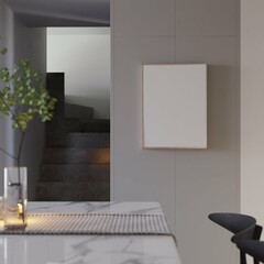 closeup of small dining room of apartment withmodern chair, table  and poster frame mockup. 3d illustration