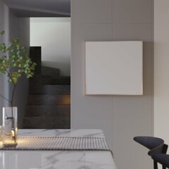 closeup of small dining room of apartment withmodern chair, table  and poster frame mockup. 3d illustration