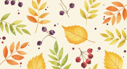 Obraz premium Autumns watercolor whispers leaves berries gently scatter on a cream canvas