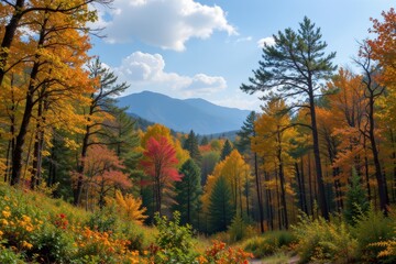 Fototapeta premium Autumn Forest Landscape with Mountains