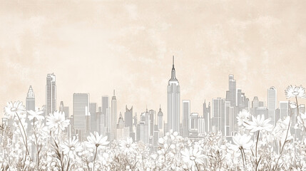 White ink line art illustration of New York City skyline with vintage floral motifs on beige linen-textured background, minimalist wildflower patterns in natural muted tones 