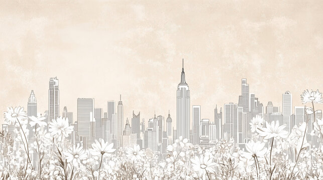 White ink line art illustration of New York City skyline with vintage floral motifs on beige linen-textured background, minimalist wildflower patterns in natural muted tones 