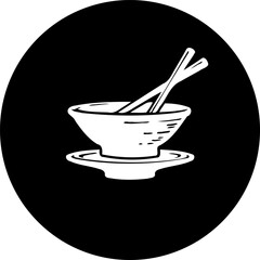 Minimalistic depiction of a bowl with chopsticks, on a circular dark backdrop