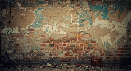 Decaying brick wall with peeling paint debrisstrewn floor and a rusty box