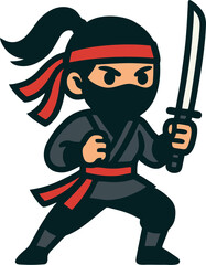 Female Ninja Vector Logo with Sword in Combat Pose