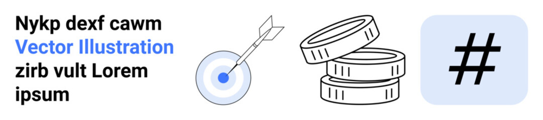 Fototapeta premium Arrow hitting bullseye, stacked coins, metadata tag icon. Ideal for marketing, finance, strategy, analytics, social media, goal-setting simple landing page