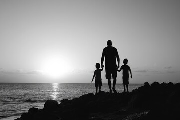 Family Silhouette at Sunset: Parents and Child Embracing Love and Support on the Beach