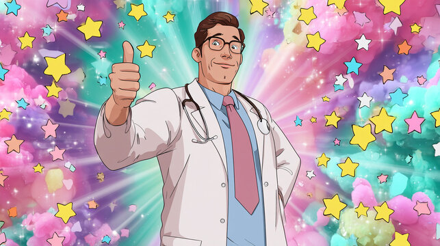 Cartoon doctor character in a white coat giving thumbs up, surrounded by colorful stars and vibrant background, conveying positivity and health awareness in a playful illustration. Pediatrician