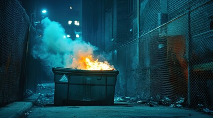 A dumpster fire blazes in a dimly lit urban alleyway at night, smoke billowing amidst debris and chain-link fences