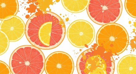 Citrus Splash Vivid blend of orange lemon grapefruit slices on a white canvas with vibrant juice splatters