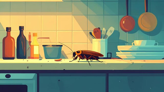 Cartoon cockroach on kitchen counter