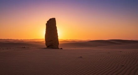 Desert Sentinel A lone rock formation catches the fiery kiss of the setting sun amidst endless dunes