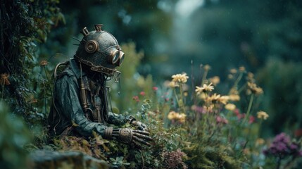 Fototapeta premium Unique underwater explorer figure surrounded by vibrant wildflowers in a lush, green garden setting during a rainy day