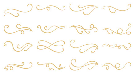Luxury gold calligraphy swirl ornaments design element vector set. Hand drawn vintage flourishes for wedding cards and typography decoration.