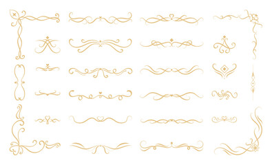 Luxury gold calligraphy swirl ornaments design element vector set. Hand drawn vintage flourishes for wedding cards and typography decoration.