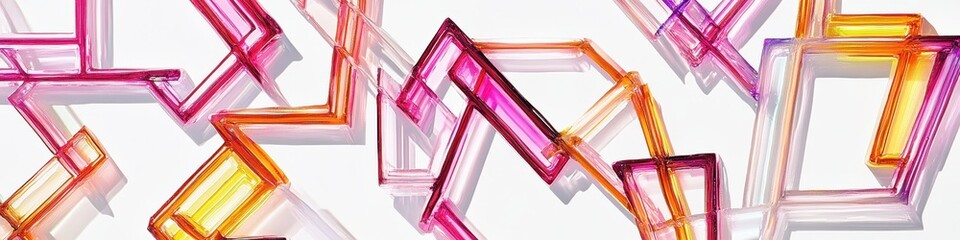 Abstract artwork featuring translucent, multicolored, geometric shapes, overlapping and creating a dynamic, three-dimensional effect on a white background
