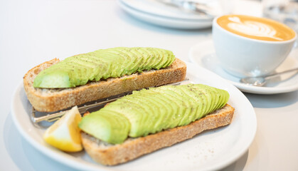 Top down view of two toast bread with sliced avocado topping and a cup of cappuccino. Tsuen Wan, Hong Kong. Selective focus, blurred background.