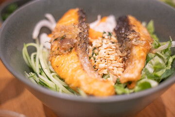 Top down view of grilled salmon Vietnamese Rice Vermicelli. Tsim Sha Tsui, Hong Kong
