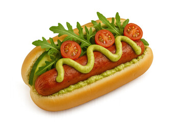 Hot dog with grilled sausage, avocado spread, arugula, cherry tomatoes, cucumber slices, and green sauce. Isolated on white with transparent background. Great for healthy food ads and menus