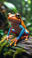 Colourful frog perched on a log amidst lush greenery in a rainforest setting