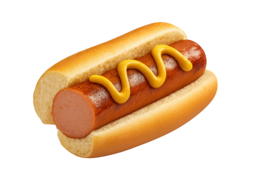 Classic hot dog with half sliced sausage and yellow mustard in a soft bun. Isolated on white with transparent background. Ideal for fast food packaging, menus, and snack ads