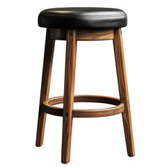 A classic wooden bar stool with a comfortable black leather seat ready for on transparent background