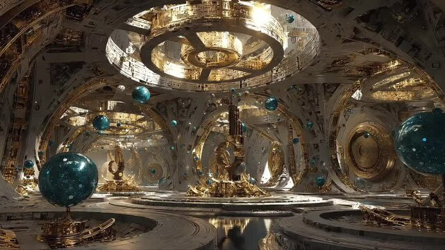 Golden structures float in majestic Agartha temple. Glowing orbs orbit around sacred Agartha machinery. Ancient Agartha design blends alien technology and divine elegance.