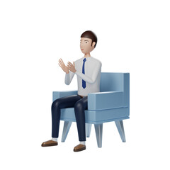 Businessman clapping hands while sitting on armchair: 3d render with transparent background