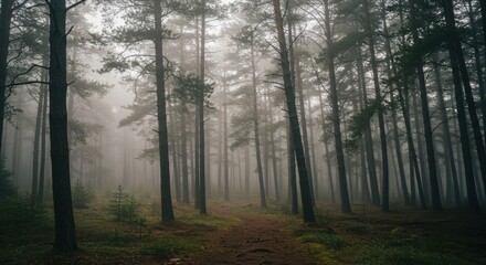 Obraz premium Misty pine forest path shrouded in dense fog and towering trees