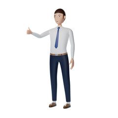 Smiling cartoon businessman showing thumbs up gesture on transparent background