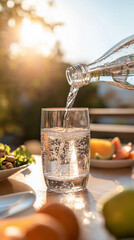 Pure mineral water is poured from plastic bottle into glass on table surrounded by fresh fruits and bowl of salad, demonstrating healthy lifestyle and wellness. Breakfast. Magic morning.