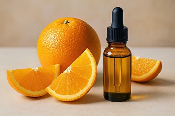 Citrus Essential Oil Serum Bottle with Fresh Orange Fruit Isolated on White Background Beauty