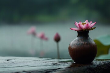 Delicate pink lotus blossom in a rustic vase.
