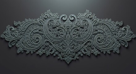 Ornate symmetrical baroque design cast in weathered metal casting soft shadows on a dark background