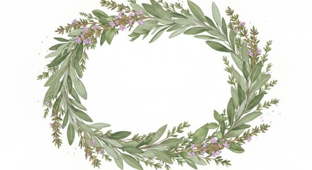 Oval of olive branches  heather intertwined in a soft painterly style