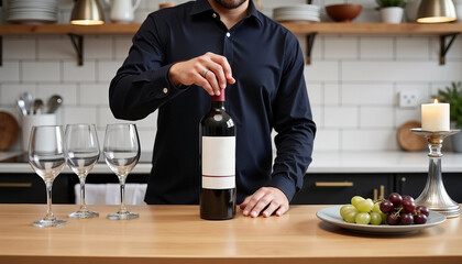 Man opening wine bottle. tasting experience glasses on rustic kitchen counter, copy space