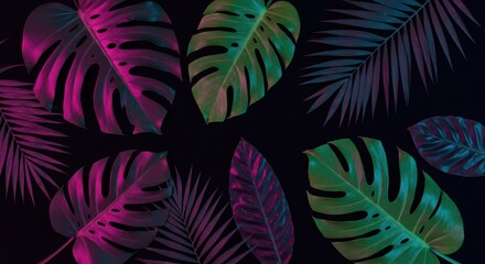 Neon jungle Monstera  palms glow against the dark moody backdrop