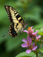 Fototapeta premium spicebush swallowtail butterfly papilio troilus feeding on the nectar of a bee balm flower with a green background