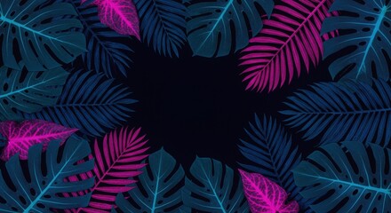 Neon tropical haven Monstera  palm leaves embrace a dark void